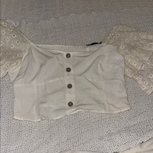 Zara Cream Button-Up Blouse with Lace Sleeves